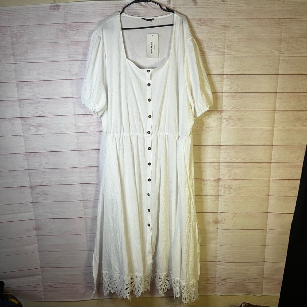 Bloomchic White‎ button-down A-line Square Neckleck Eyelet Lace Hem Dress 30
